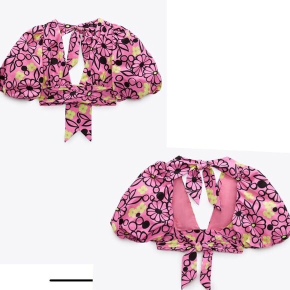 ZARA Fuchsia floral V neck balloon sleeve crop top pink yellow black Sz S NWT - Picture 2 of 8
